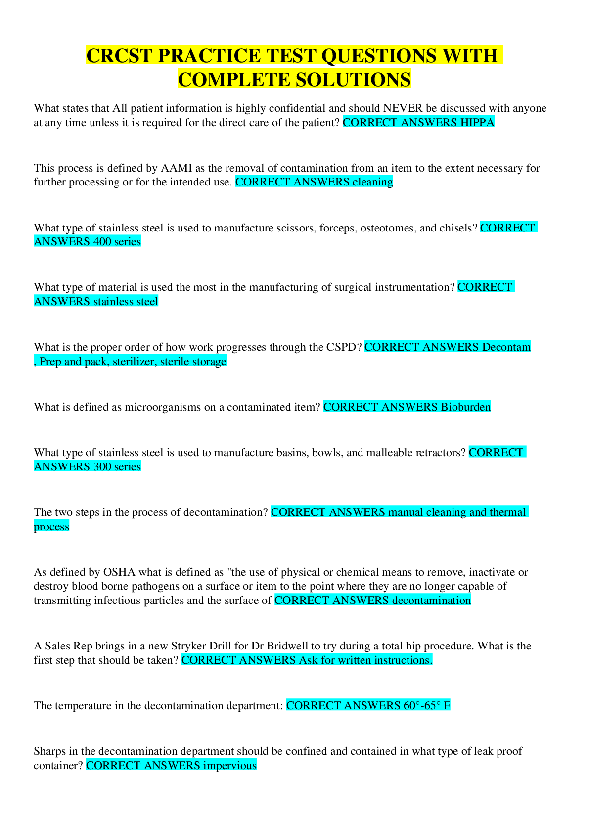 Preview image for CRCST PRACTICE TEST QUESTIONS WITH COMPLETE SOLUTIONS